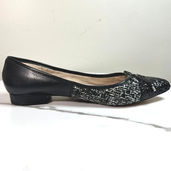 Sam Edelman Black Leather Tweed Glitter Pointed Toe Bow Flats Size 9 Preppy - Picture 3 of 7